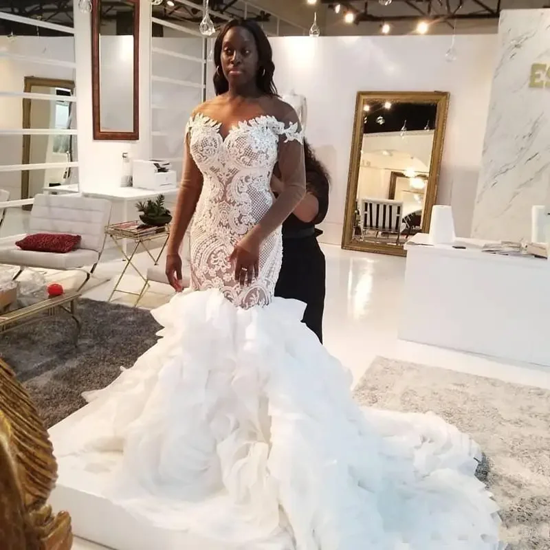 Vestidos de novia de sirena de lujo personalizados, falda con volantes, vestidos de novia árabes africanos de talla grande