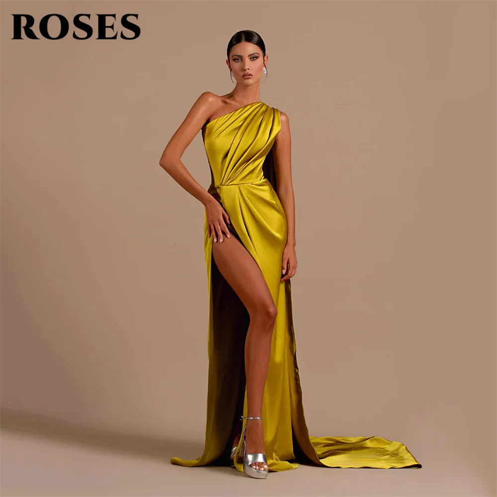 ROSES-Vestidos de cetim com pregas, vestido de baile, sem mangas, um ombro, fenda lateral, divisão alta, festa, sexy