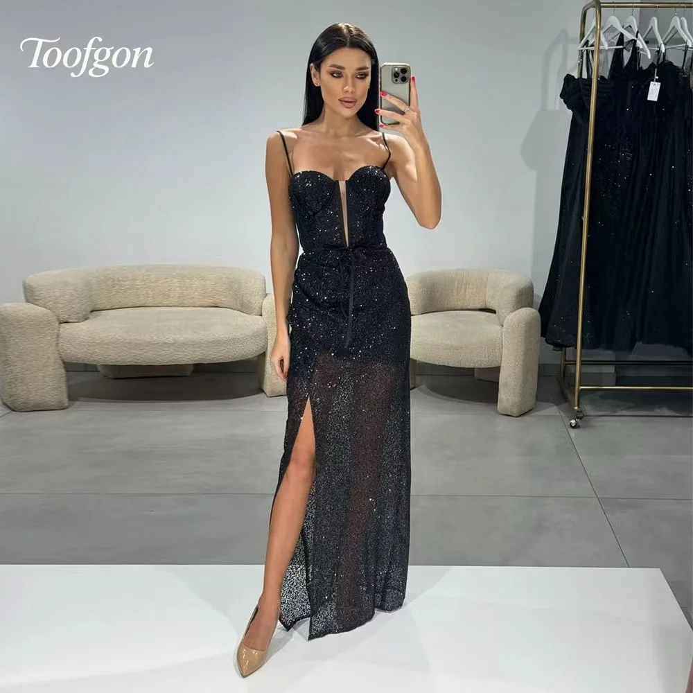 

Toofgon Sexy Sequines Sparkly Customized Prom Dresses Slit Side Arabic Mermaid Special Occasion Evening Party Bridesmaid Dress