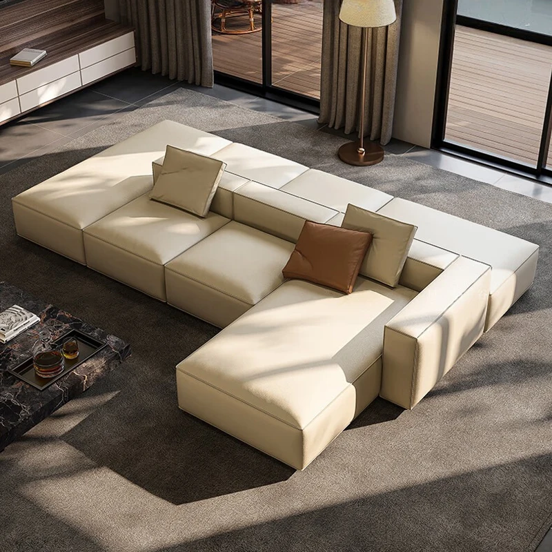 Double-sided modular segmented cowhide sofa wind layer square tofu block back-to-back two-way living room set