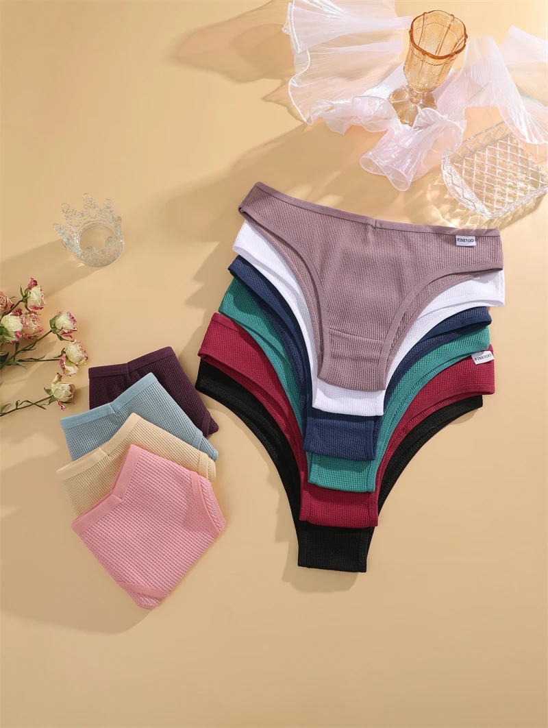 FINETOO 4-teiliges Set Baumwoll-Waffel-Unterhosen im Brasilianischen Stil, Sexy Tiefsitzende Komfortable Unterwäsche, Einfarbige Dehnbare Slips Lingerie – Detail 8
