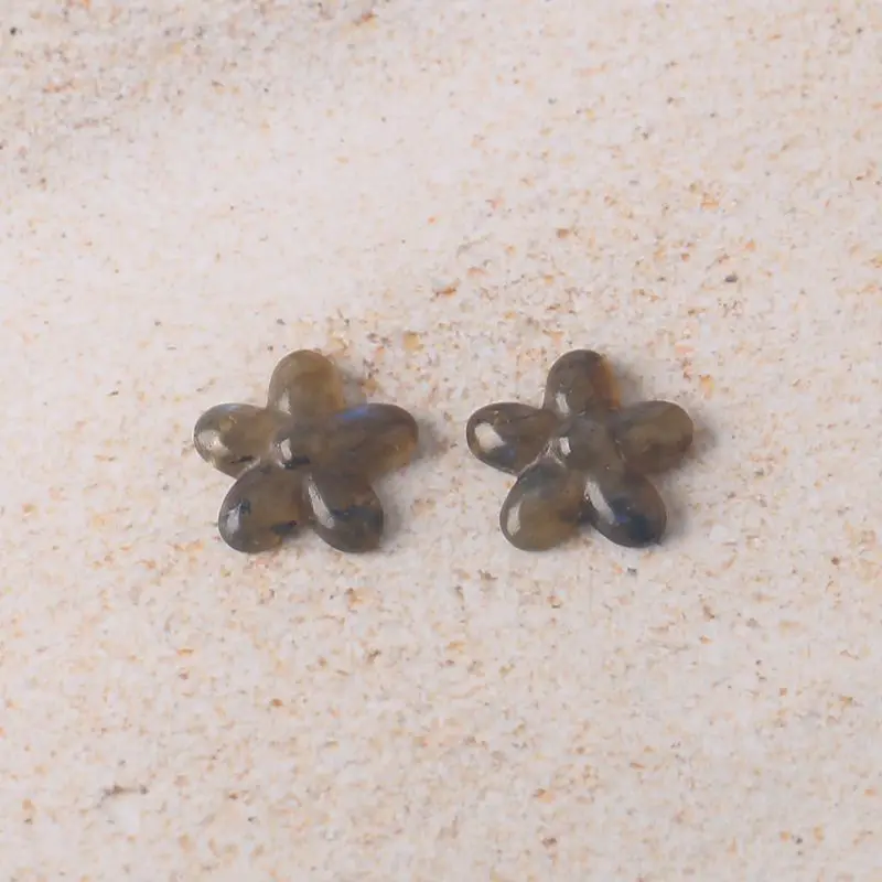 Labradorite Floral Beads Pair: Natural Stone Pieces with Schiller Effect, Perfect for Handmade Jewelry 18x18x6mm-2.9g