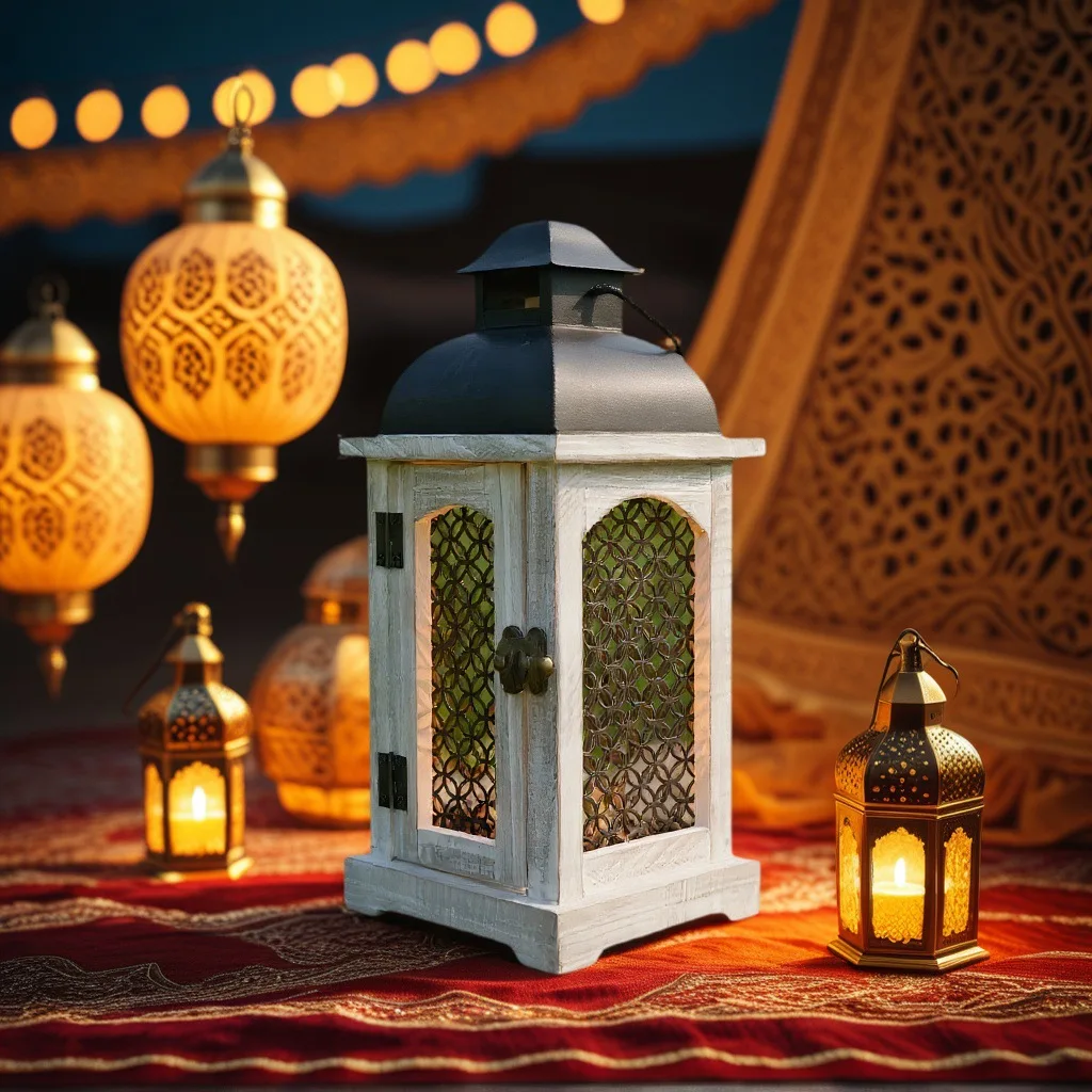 

Hot Sale Muslim Festival Antique Wooden Candlestick Metal Hollowed Out Old Lantern Home Decoration Props