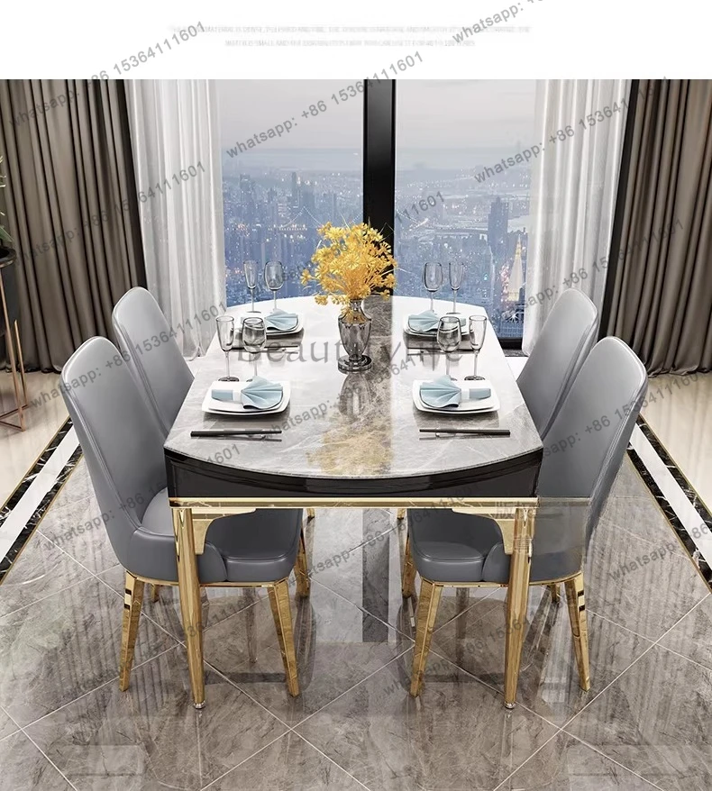 Bright rock slab dining table Modern simple light luxury telescopic folding small apartment round table