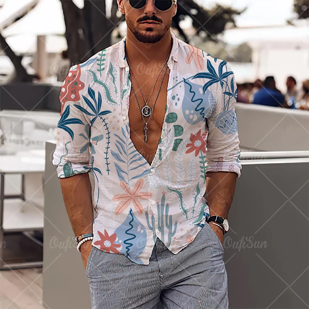 

2022 Men's Long Sleeve Shirts Lapel Shirt Floral Plant Print Hawaiian Shirts Streetwear New Male Clothes Loose Tops Shirt Men