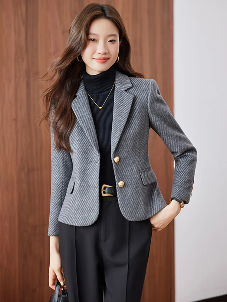 Gray Woolen Suit Jacket Women's Fashion Casual High-End Feel Small Size Trendy  Westwear Commute Wind Resistant Warmth