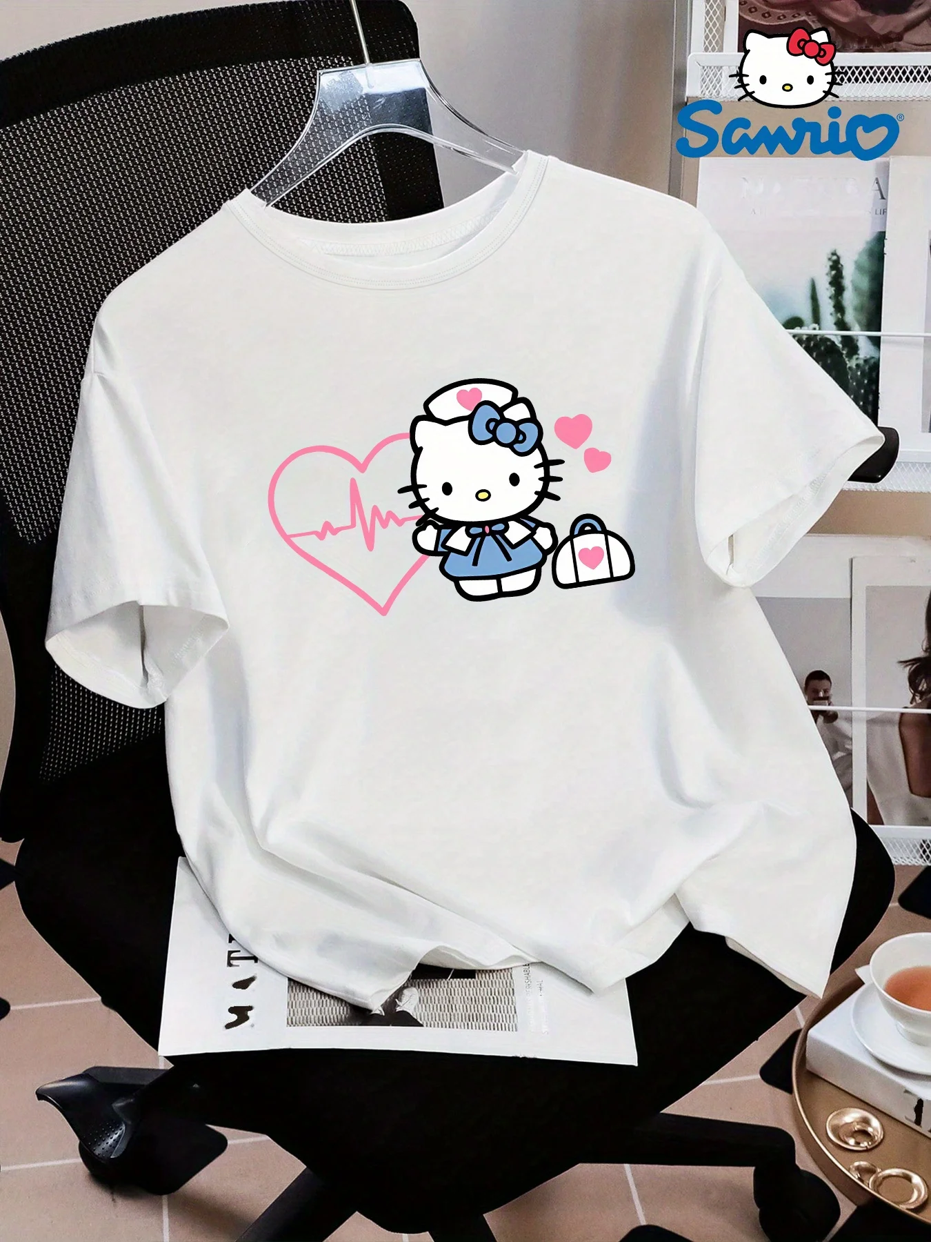 

Детская футболка Sanrio Hello Kitty в стиле костюма медсестры, летняя, с милым мультяшным принтом, повседневная, свободного кроя, 100% чистый хлопок