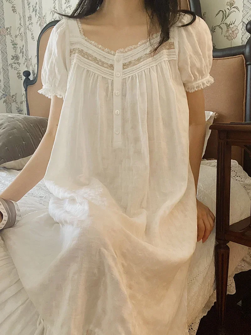 Women Pure Cotton Ruffles Vintage Nightgown Robe Lace Fairy Short Sleeve Victorian Princess Sleepwear Sweet Night Dress Homewear