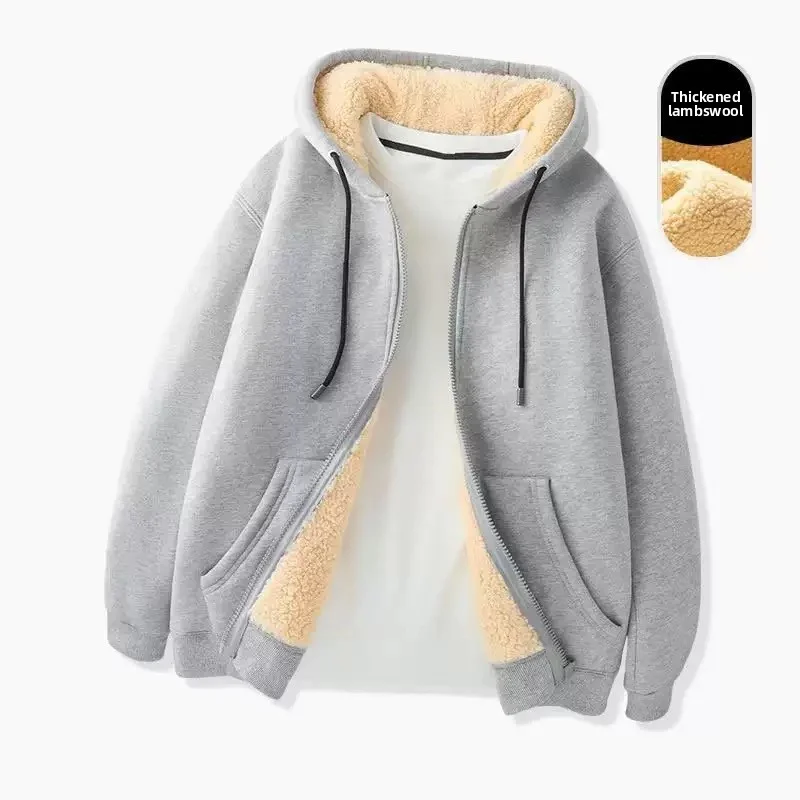 Herbst und Winter Sherpa-Jacke, schweres Samt, verdicktes Herren-Sweatshirt, einfarbige Oberteile, Teenager, Strickjacke mit Kapuze, Herren – Detail 6