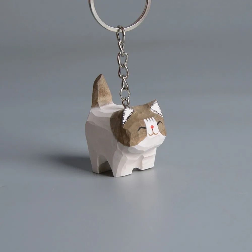Handmade Wooden Carving Cat Keychain Cartoon Creative Ragdoll Cat Pendant Kawaii Funny Siamese Cat Keyring Backpack Decor