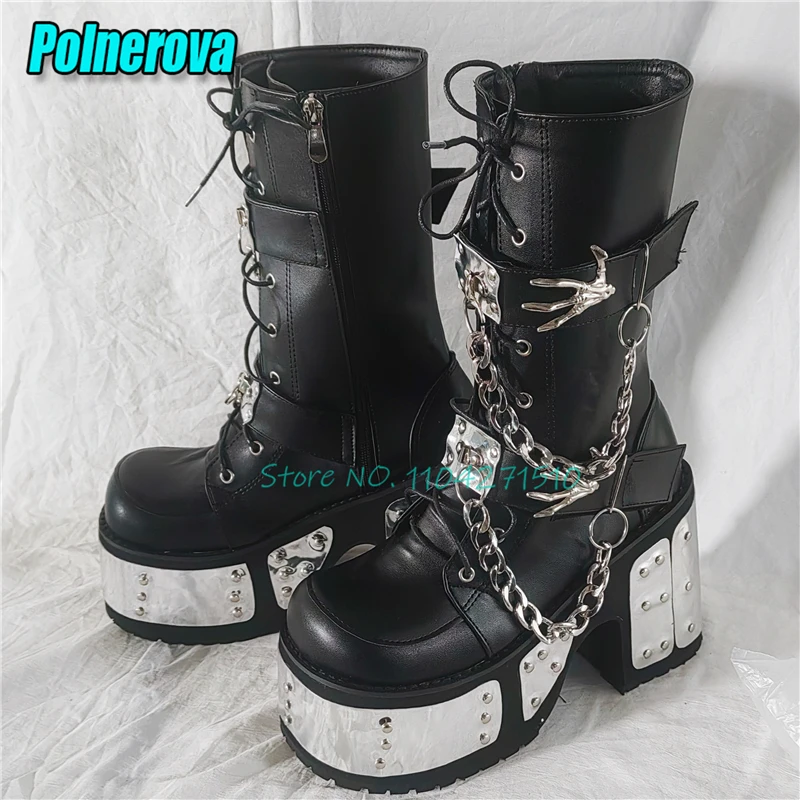 Punk Chain Metal Decor Platform Short Boots for Women Gothic Black Leather Thick Soled Zipper Mid-Calf Boots Cosplay Y2K Shoes