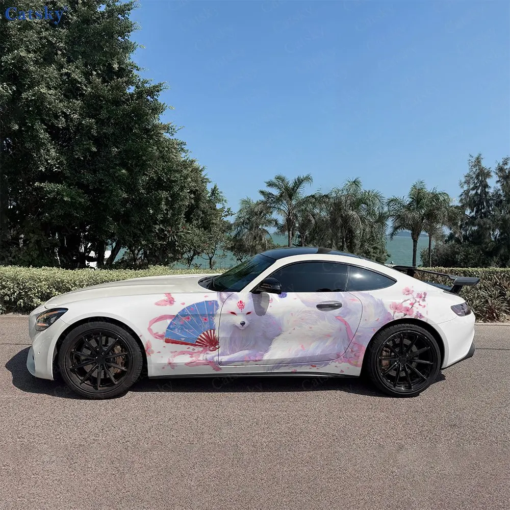 

Enchanting White Fox, Pink Floral Car Side Wraps, Self-Adhesive PVC Waterproof & Scratch-Resistant Stickers, Car Accessory Gift