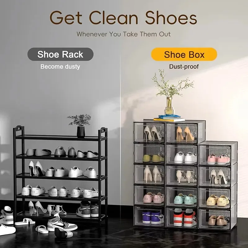 3/6/12pcs Shoe Storage Boxes Clear Stackable Shoe Boxes Storage Organizers Magnetic Door Fit Size Plastic Sneaker Containers