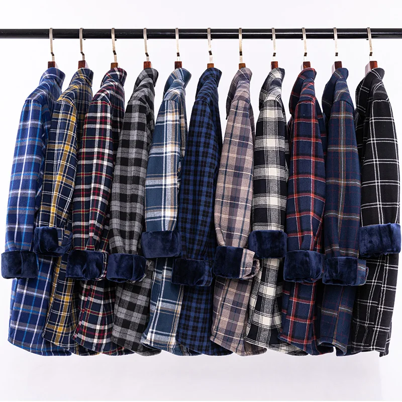 Winter Mens Fleece Warm Plaid Shirt Classic Bussiness Single Pocket Comfortable Soft Standard Fit Button Down Casual Shirts