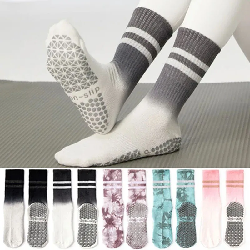 Yoga Socks Women Tie-dye Gradient Stripe Pile Silicone Non-slip Pilates Grip Crew Socks