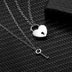 2pcs Romantic Couple Necklace for Women Men Key Lock Heart Pendant Stainless Steel Link Chain Necklace Best Friends Jewelry Gift