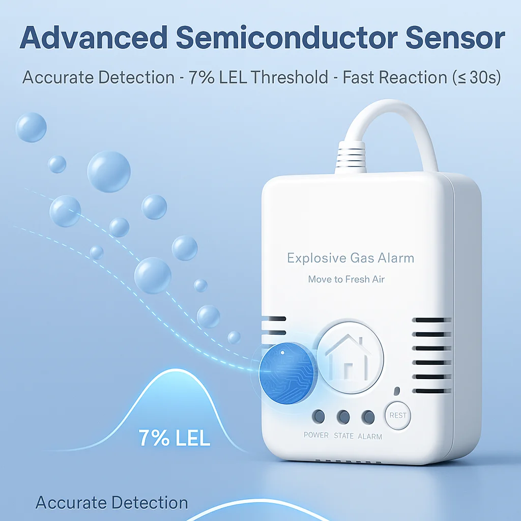 30s Fast Response Gas Alarm, 85dB, Detects LPG/Methane for Kitchen/Basement/Boiler Room