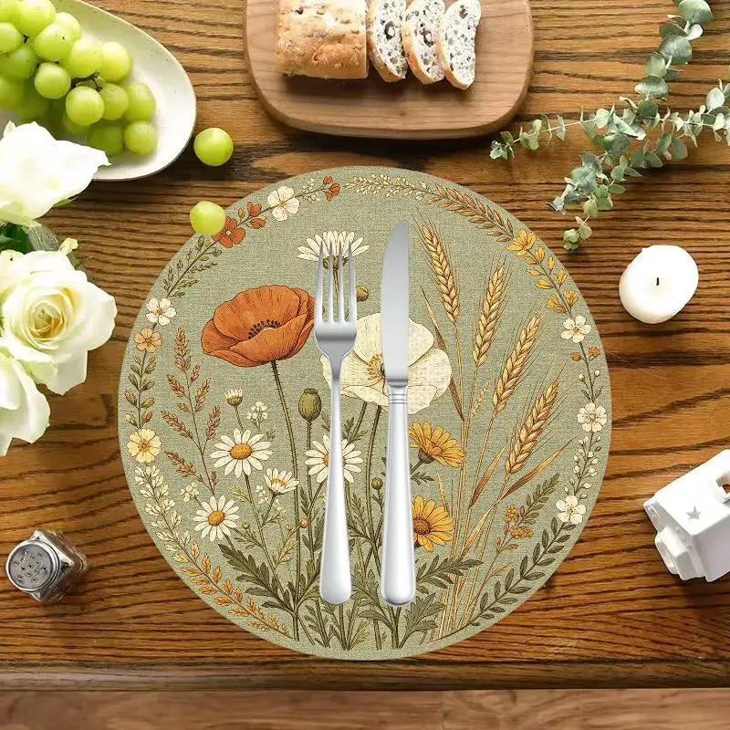 VIKAMA Vintage Poppy Wheat Linen Retro Wild Floral Round Placemats Heat Resistant Washable Non Slip Farm Dining Table Decor