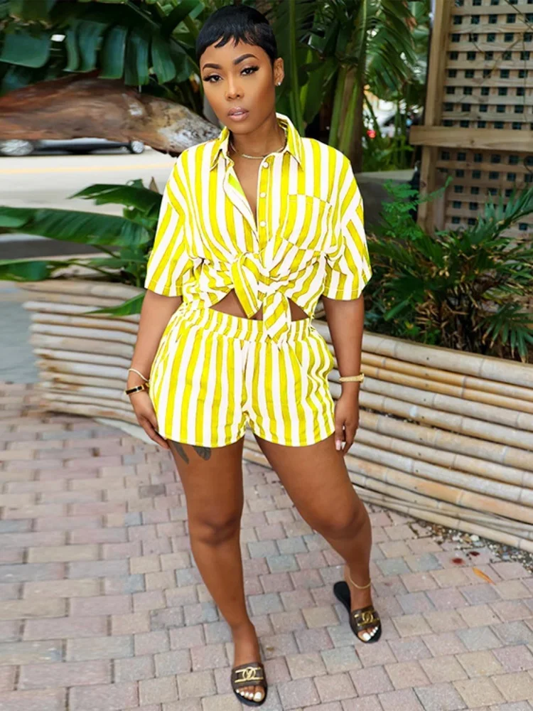 

Summer Fashion Casual Women's Striped Printed Set Premium Sense Commuter Loose Shirt Two Piece Set