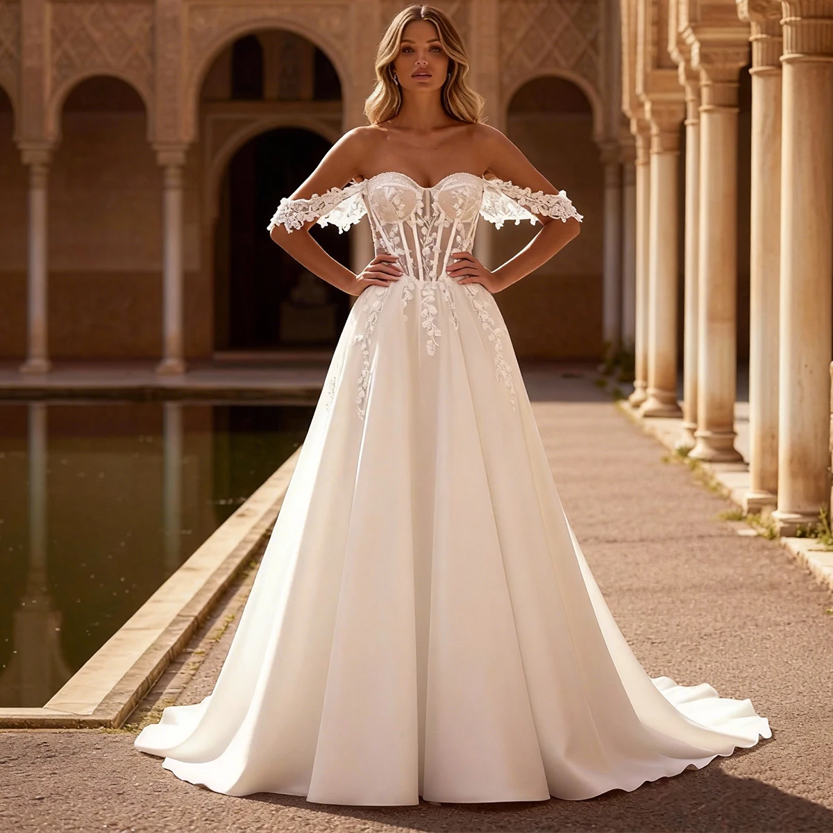 

Elegant Off Shoulder Tulle Appliques Wedding Dress For Bride A Line Long Sweetheart Bridal Party Gown Lace Ball Gown