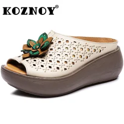 Koznoy 6cm Natural Genuine Leather Appliques Flower Slipper Platform Sandals Peep Toe Summer Fashion Women Hollow Wedge Shoes