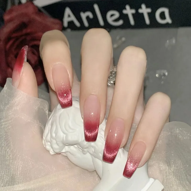 30 Pcs False Nails with Glue French Coffin Nails Press on With Charms Long Rose Gradient Cat Eye Fashion Nail Tips for Girls