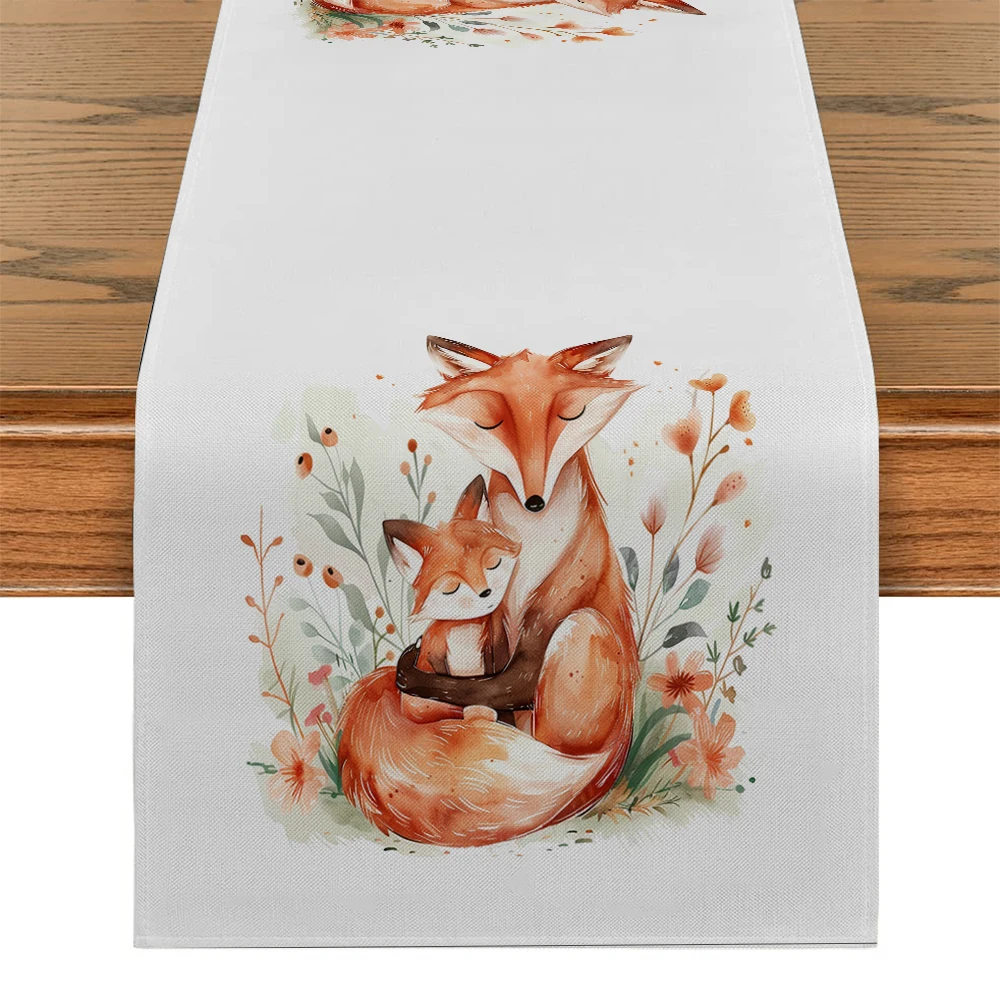 Animal Flower Fox Wildflower Watercolor Table Runners Dresser Table Decor Reusable Kitchen Dining Table Runner Party Decor