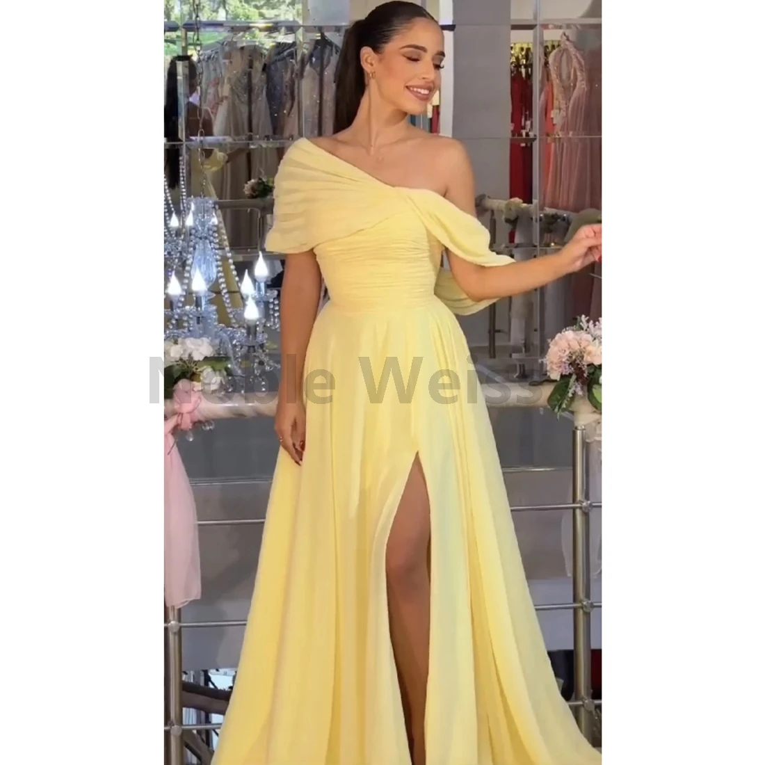 

Off Shoulder Chiffon Evening Dresses Pleat A LINE Long Prom Gowns Customize