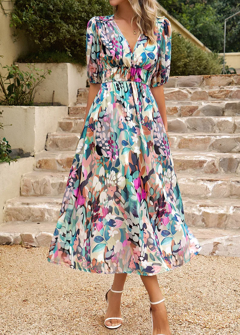 2025 ฤดูร้อน Chic V คอชีฟองดอกไม้ Maxi ชุด Cinched เอว Elegant Beach Party Fiesta ชุด Vestidos