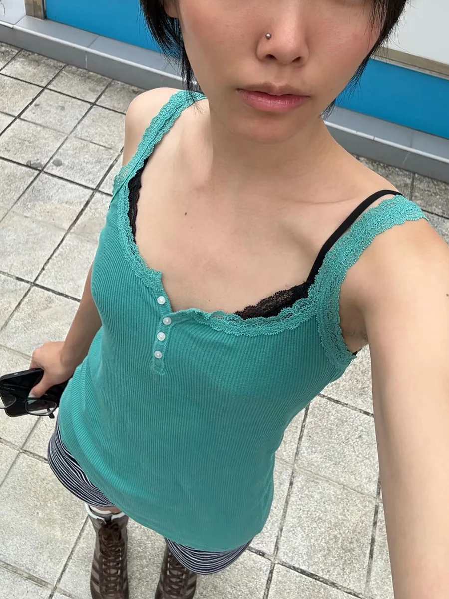 Spitze Trim Lila Schlank Tank Tops Frauen Sommer Vier Tasten Baumwolle Leibchen Weibliche Casual Süße Alle-spiel Grundlegende gerippte Camis Neue – Detail 10
