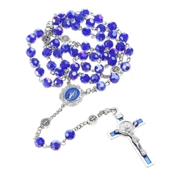 10mm Acrylic Bead Rosary Necklace Vintage Weave Catholic Religious Cross Jesus Pendant Necklaces for Men Women Jewelry Charm