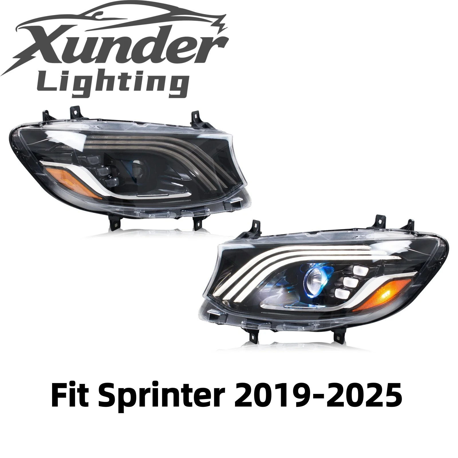 Xunder LED Maybach Style Headlights Sequential Turn Signal Front Lamps Assembly for Mercedes Benz Sprinter 1500 2500 2019-2025 [Fit Original Halogen Headlights Model Only]