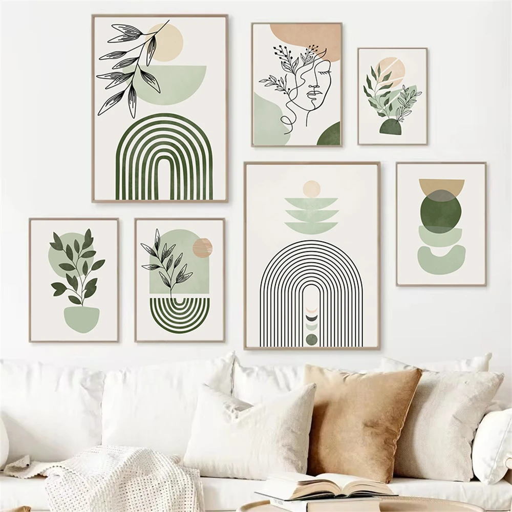 

Boho Abstract Lines Green Geometry Canvas Prints Painting Plant Leaves Wall Art Poster Modern Nordic Print Pictures Home Decor
