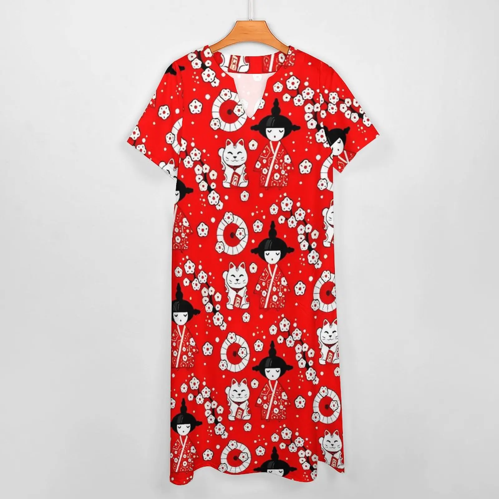 Red Japanese Dolls Dress Kokeshi and Maneki Neko Cats Elegant Maxi Dress Street Style Casual Long Dresses Women V Neck Vestidos