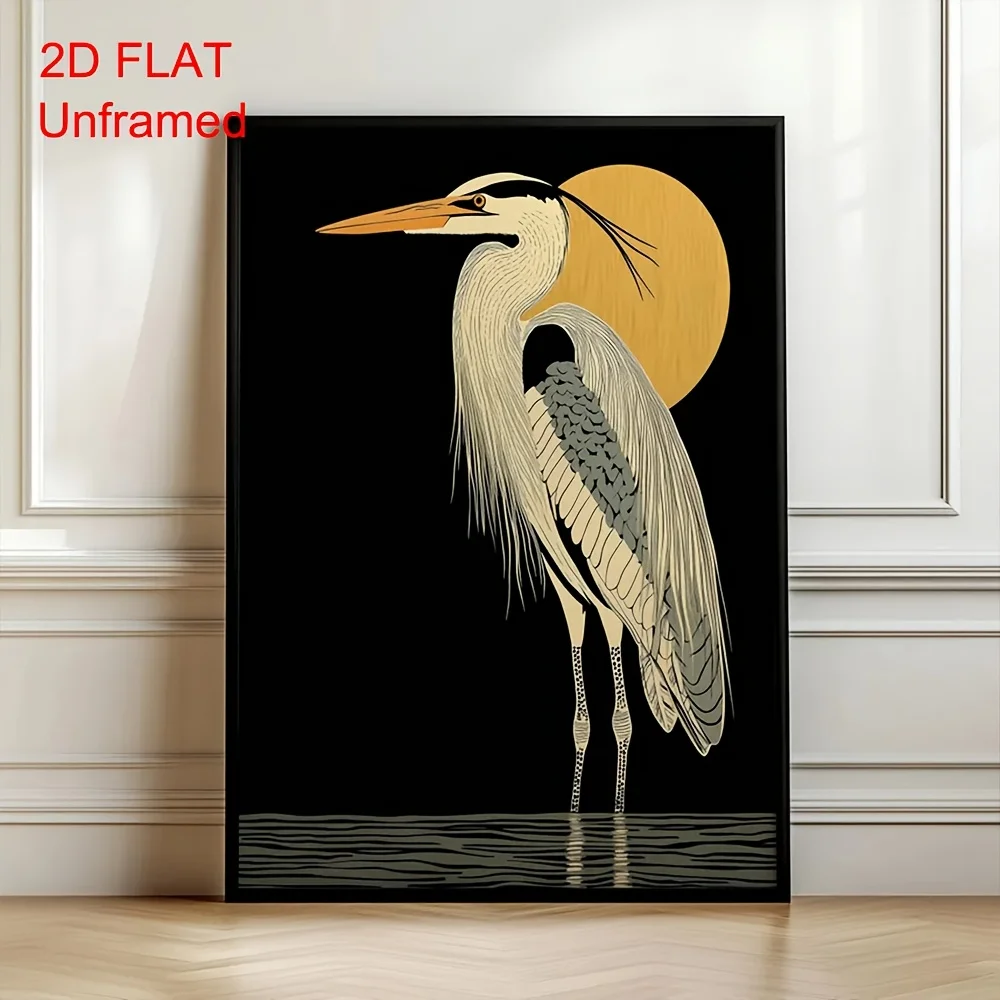 2D FLAT No Framed Vintage Heron Japanese Poster, Mid Century Retro Animal Bird Japandi Wall Art Print, Minimalist Wabi Sabi Deco