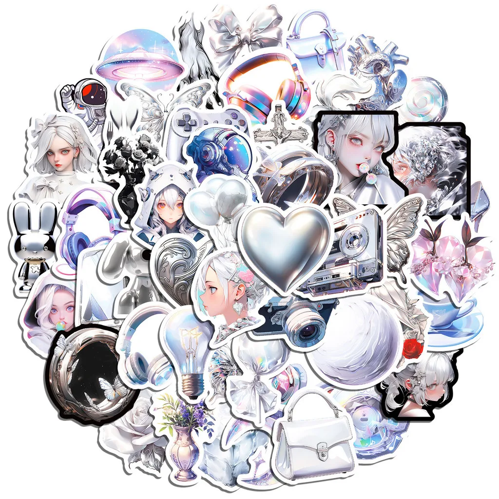 50-Pack Silver Metallic Stickers | Kawaii Korean Ins Aesthetic Decals for Teens Shiny Girly Heart Design RecordingYourLife Store