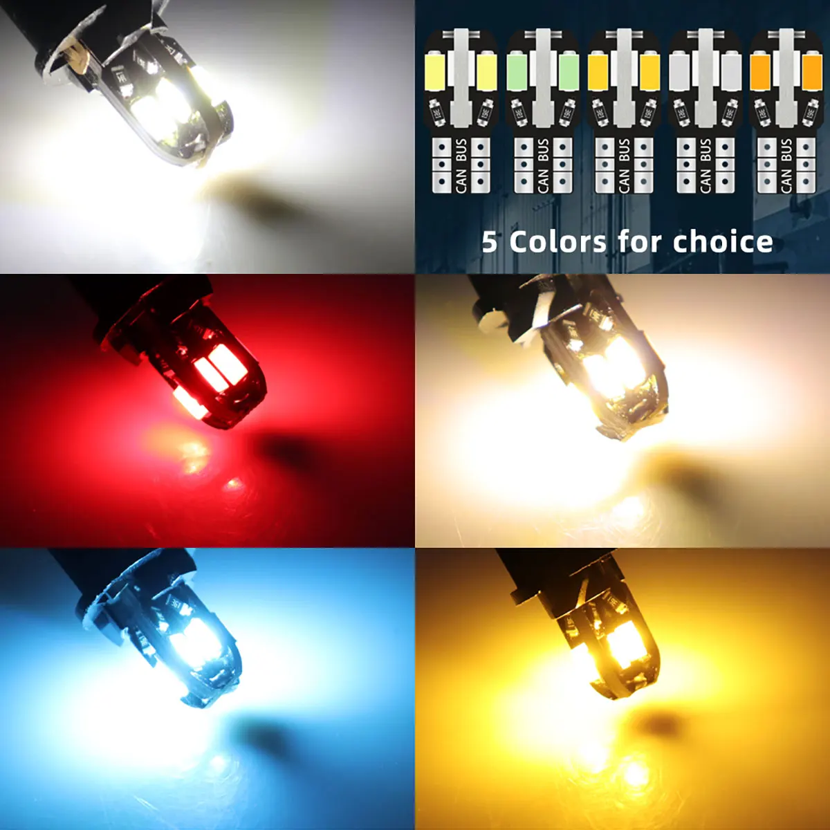 100 шт. T10 автомобильная светодиодная лампа W5W светодиодная Canbus без ошибок супер яркий салон автомобиля авто лампа белый янтарный купольный светильник для чтения