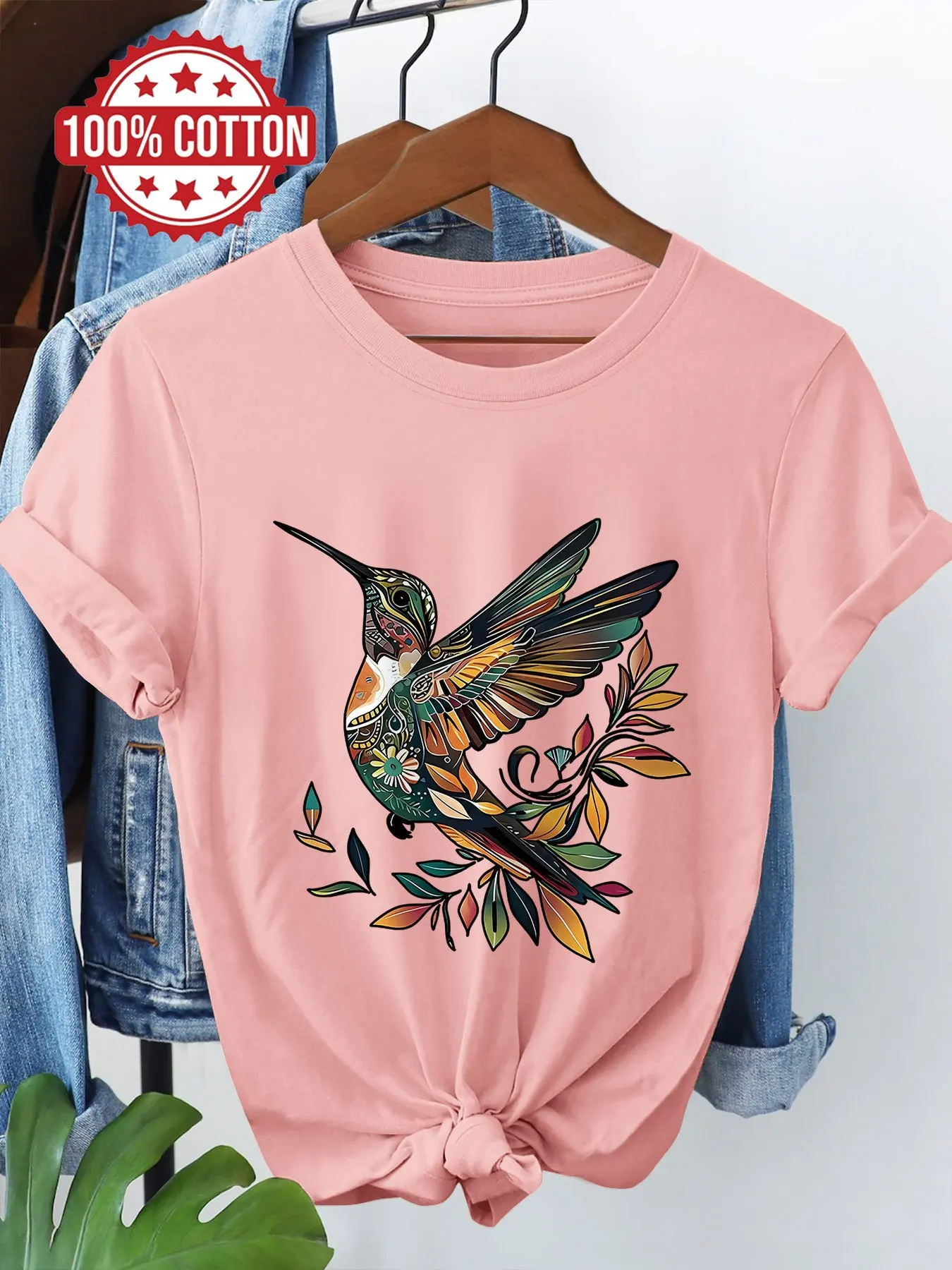 Decorative style hummingbird and leaf pattern printed round neck short sleeved T-shirt for summer casual and natural fresh top