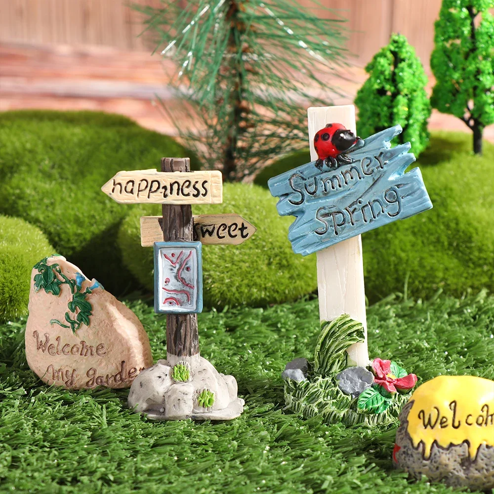 Mini Road Sign Garden Stake Welcome, Fairy Garden Succulent Sign, Miniature Bonsai Micro Landscape Decor