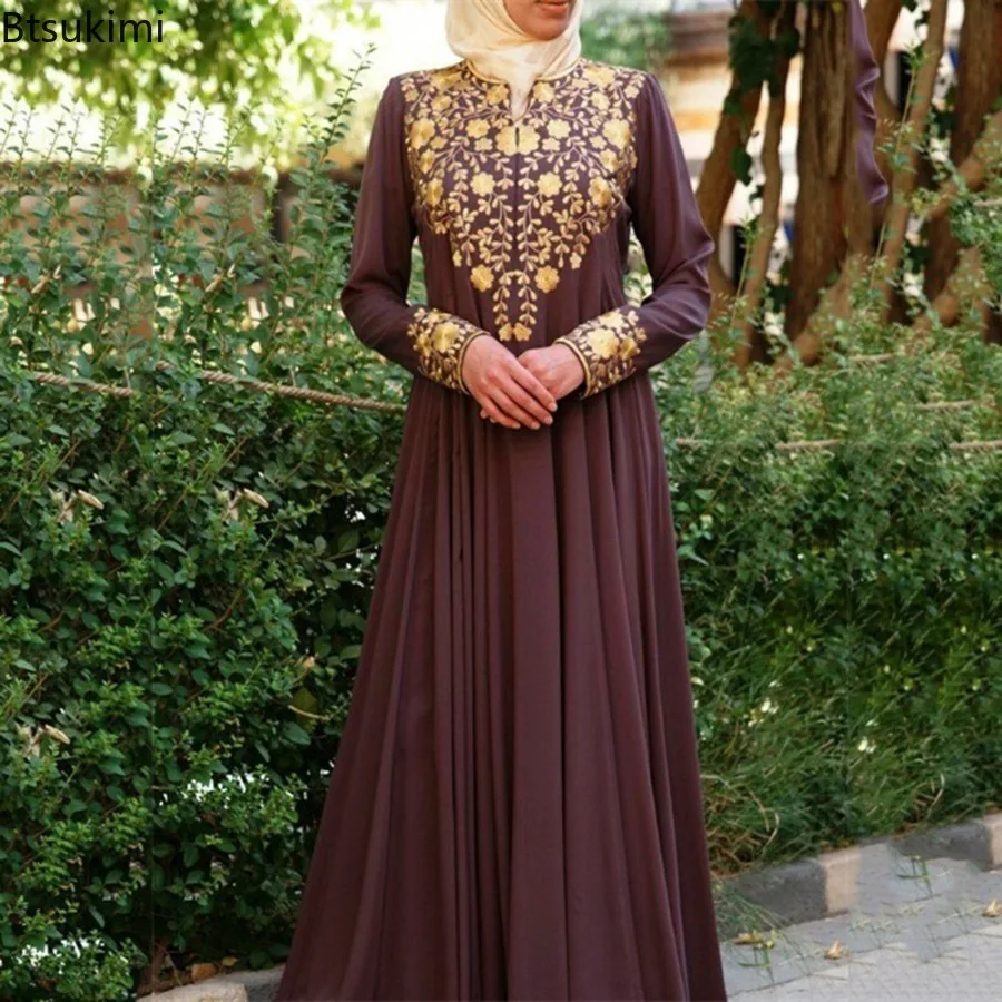 2024 New Muslim Long Dresses for Women Casual Vintage Abaya Islam Clothing Ethnic Style Printed Maxi Dress Elegant Evening Dress