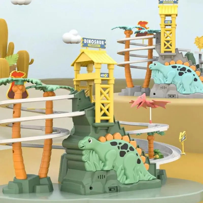 

Toddler Dinosaur Climbing Slide Stairs Toy Race Track Game Set Electric Adventure Slide Roller Coaster With Light Music Kid Gift