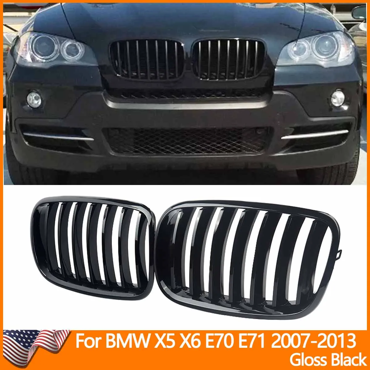Image of Glänzend schwarzer Kühlergrill für BMW X5 X6 E70 E71 E72 2007-2013 – Frontstoßstangen-Rennkühlergrill, Sport-Nierengrill für die Motorhaube