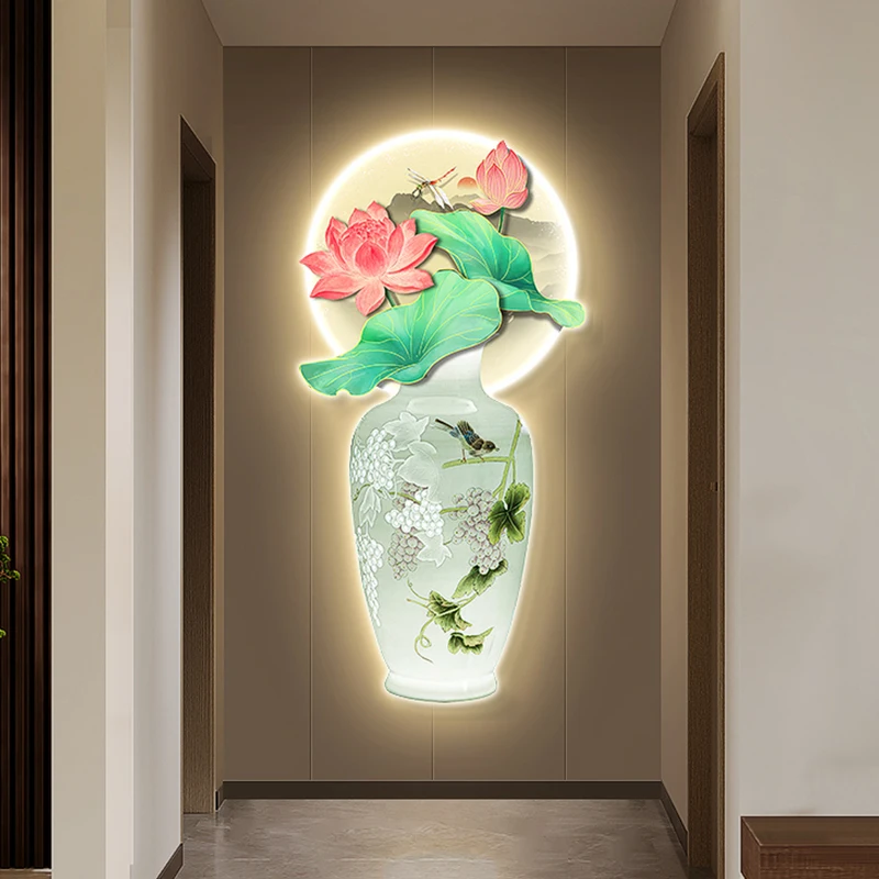

Vase, LED lighting, high-end porcelain, corridor, hanging paintings, new Chinese-style lotus, tea room, wall lamps with lights