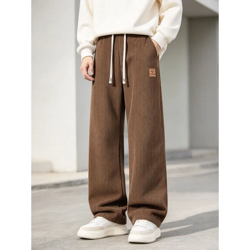 Winter Men's Corduroy Loose Solid Color Retro Trousers For Sports And Leisure Padded Sweatpants Pants Fleece Lined Man Thermal