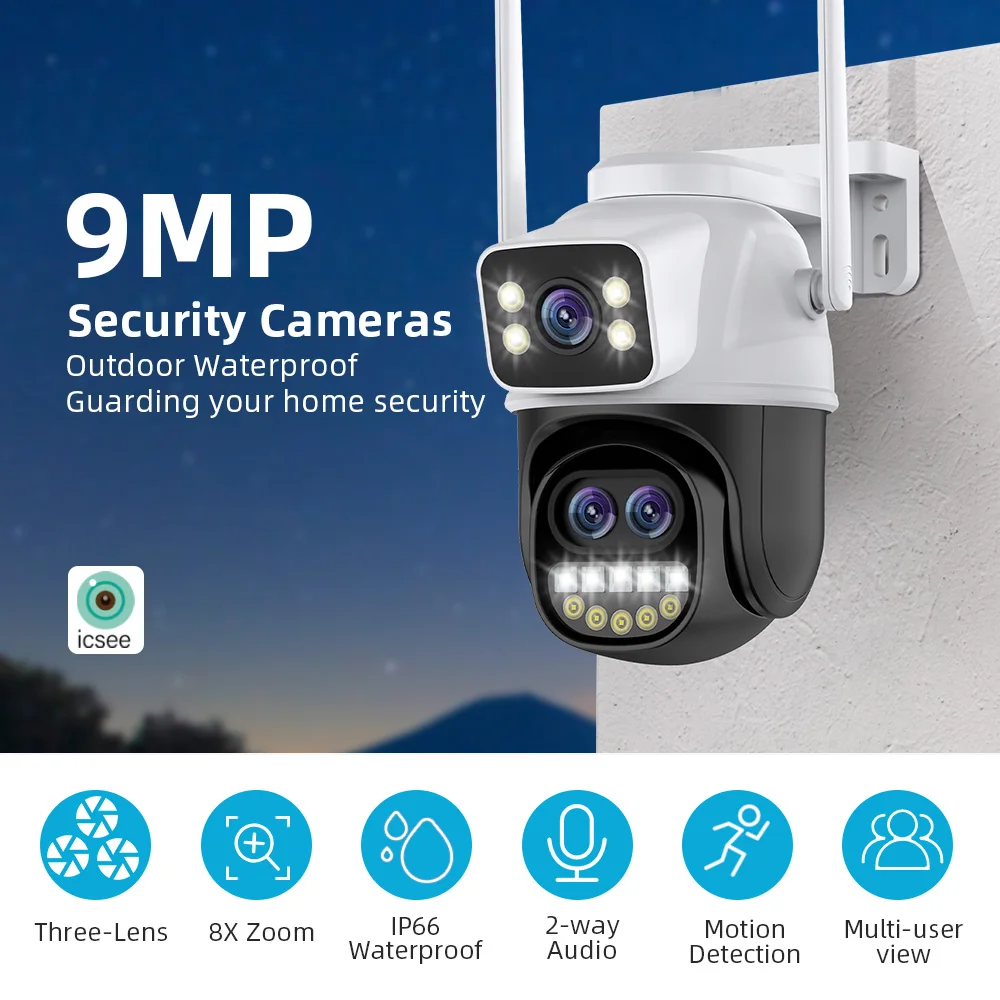 

9MP Wifi Surveillance Camera Three Lens Night Vision Wireless Outdoor Security PTZ IP Cameras 8X Zoom AI Human Detect ICSEE