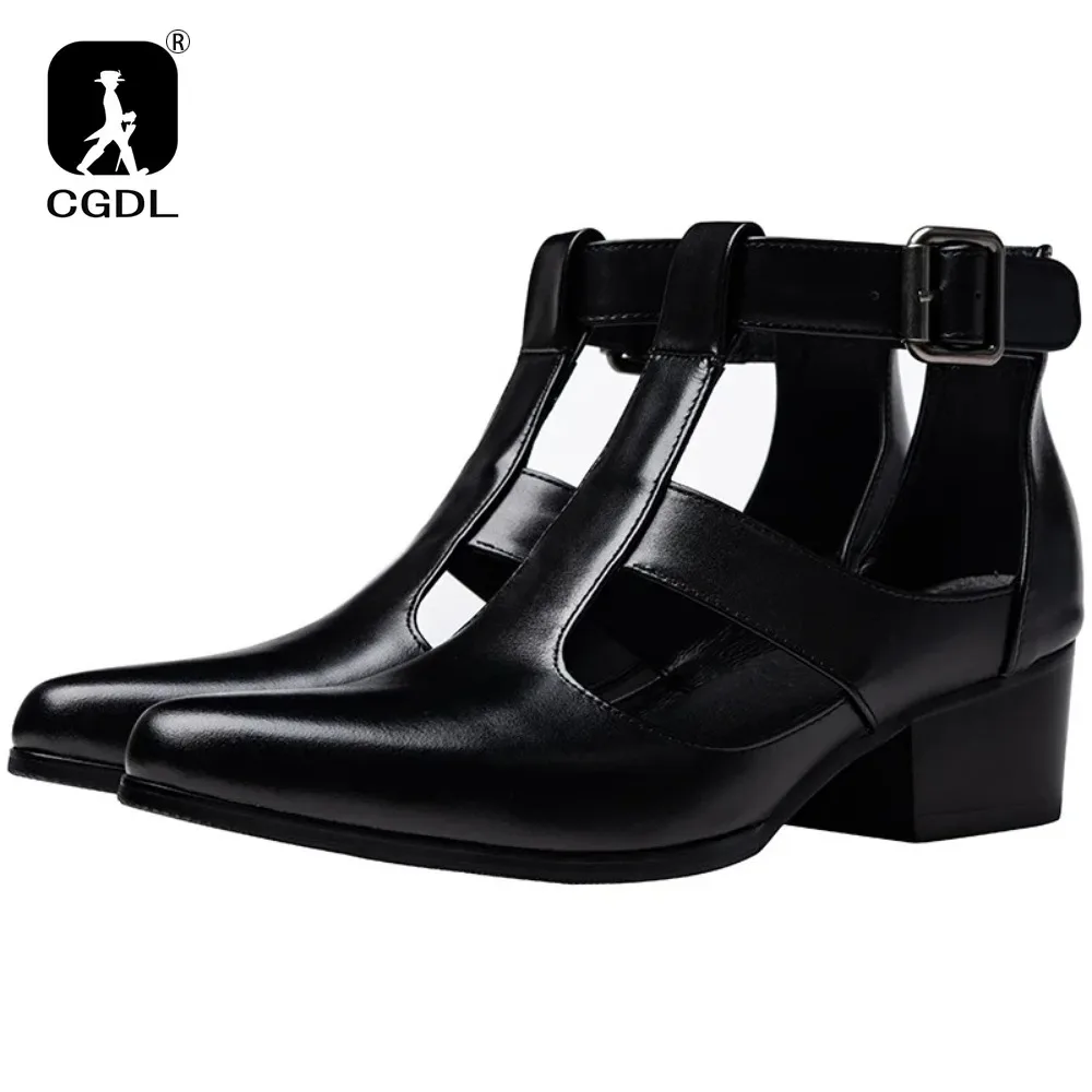 

Luxury Genuine Leather Mens Summer Formal Shoes 5 Cm Height Hollow Breathable 2025 Elegant Handmade Black Business Sandals Male