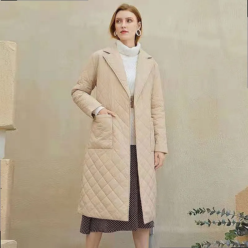 Winter Cotton Coat Long Over Knee Belted Women Slim Quilted Trench
