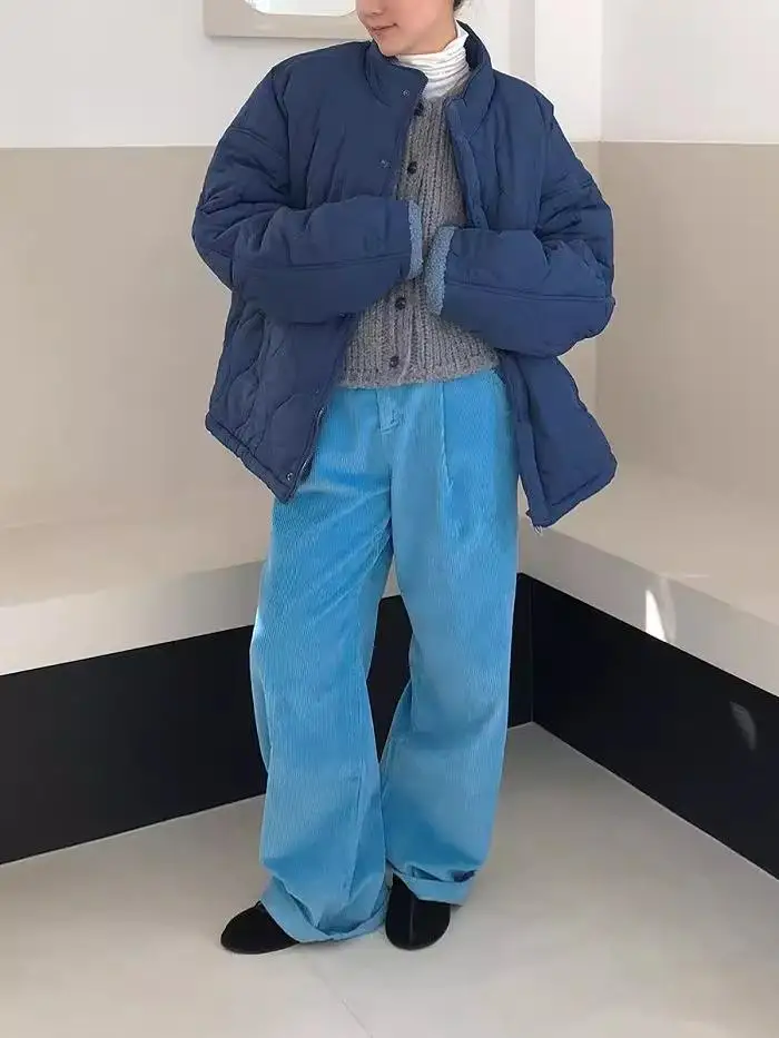 レトロなハイウエストワイドレッグコーデュロイパンツ、伸縮性のあるパーソナライズされたデザイン、韓国風スレ、冬のカジュアルパンツ、女性用