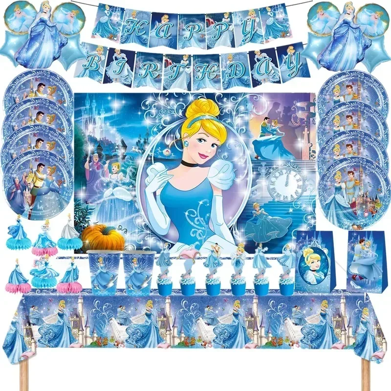 

MINISO Cinderella Princess Theme Party Girl Birthday Cake Flag Balloon Banner Cinderella Disposable Tableware Cup Plate Supplies