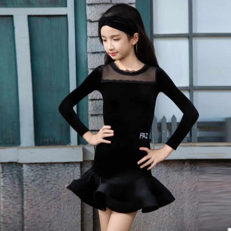 

THEEPER Kids Dance Costume, Latin Dance Dress Set, Black Velvet Mesh Lace Neck, Ruffle Skirt for Girls Latin Dance Performance